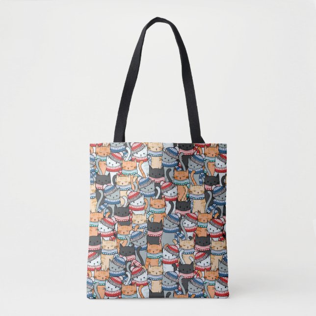 Cats in Winter Scarves & Hats Pattern Tote Bag (Front)