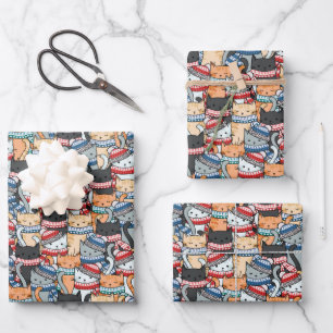 Cats in Winter Scarves & Hats Pattern Wrapping Paper Sheet