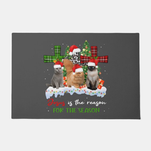 Cats Jesus Is Reason For The Season Christmas Ugly Doormat (Front)