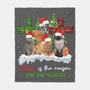 Cats Jesus Is Reason For The Season Christmas Ugly Fleece Blanket