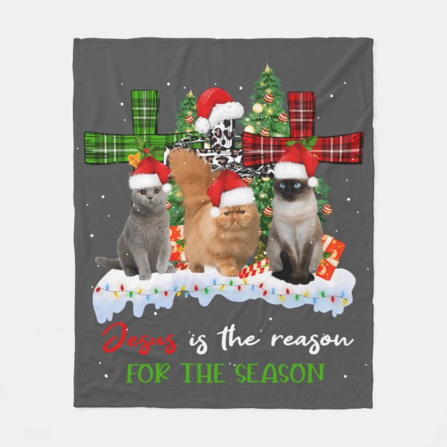 Cats Jesus Is Reason For The Season Christmas Ugly Fleece Blanket (Front)