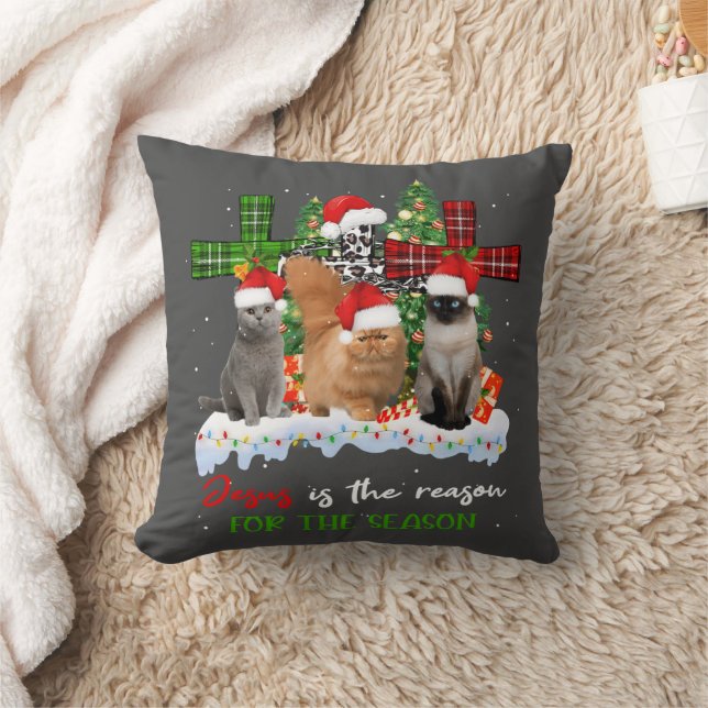 Cats Jesus Is Reason For The Season Christmas Ugly Throw Pillow (Blanket)