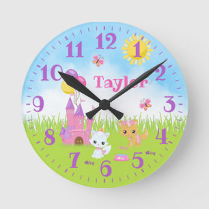 Cats Kittens Castle Pink and Purple Round Clock