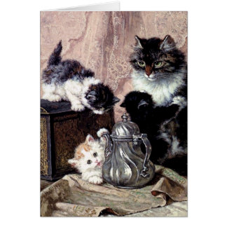 cats kittens playing tea party antique painting