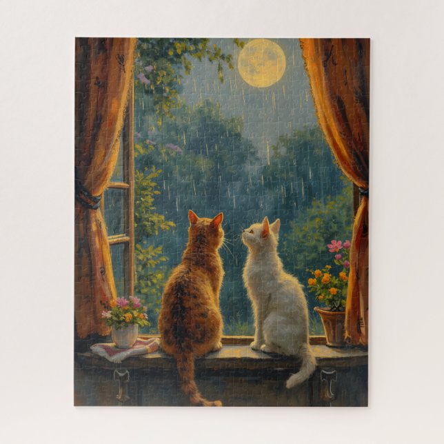 Cats looking at the moon and rain jigsaw puzzle (Vertical)
