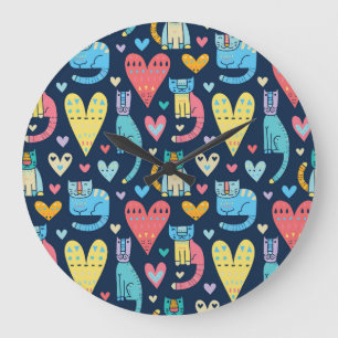 Cats Love: Colourful Vintage Seamless Large Clock