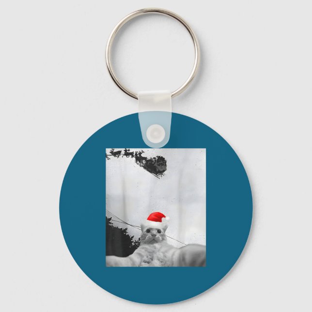 Cats Meme Funny Cat Selfie With Santa Hat Christma Keychain (Front)