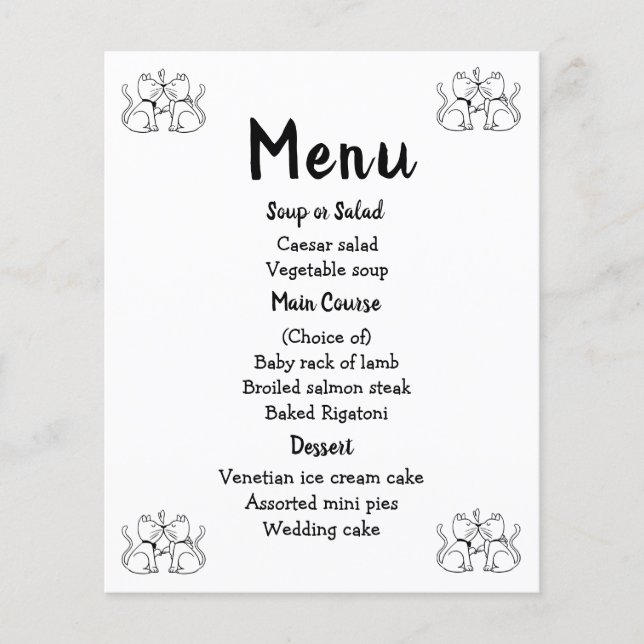 Cats Menu Black White Wedding Party Kitty Modern (Front)
