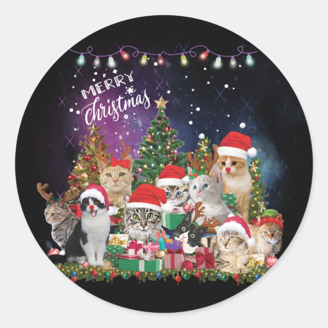 Cats Merry Christmas Light  Classic Round Sticker (Front)