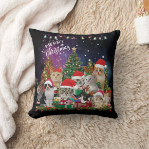 Cats Merry Christmas Light Throw Pillow