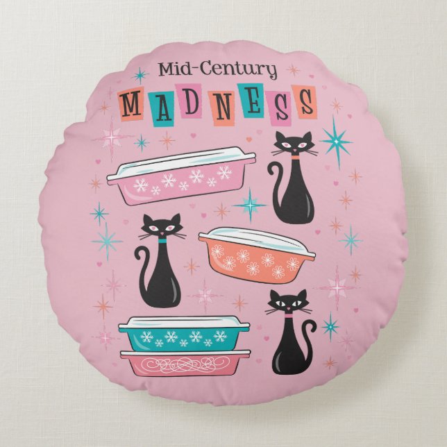Cats Mid-Century Madness Pink Pyrex Pillow  Round Pillow (Front)