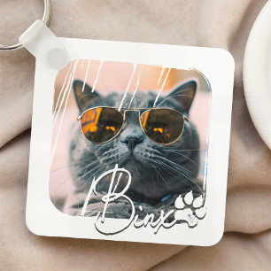 Cat's Modern Simple Cool Grunge Name and Photo Keychain