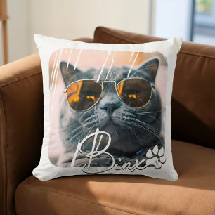 Cat's Modern Simple Cool Grunge Name and Photo Throw Pillow