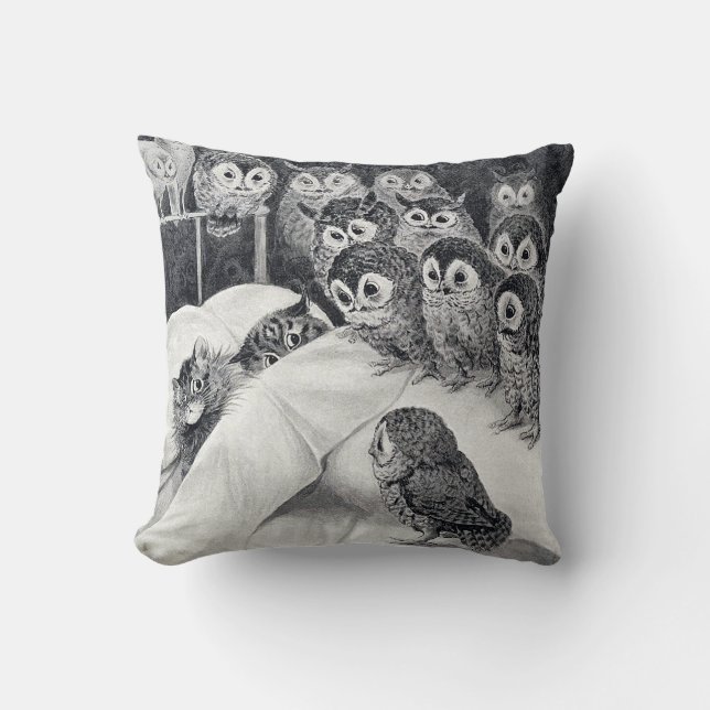 Cats Nightmare Owl Bird, Louis Wain Throw Pillow (Front)