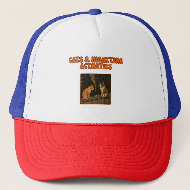 Cats & Nighttime Activities – Retro Funny Cat Art Trucker Hat (Front)