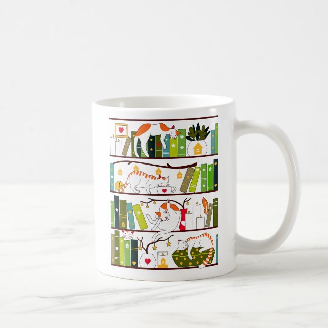 Cats On Bookshelf, Cat And Book Lover Gift Coffee Mug (Right)