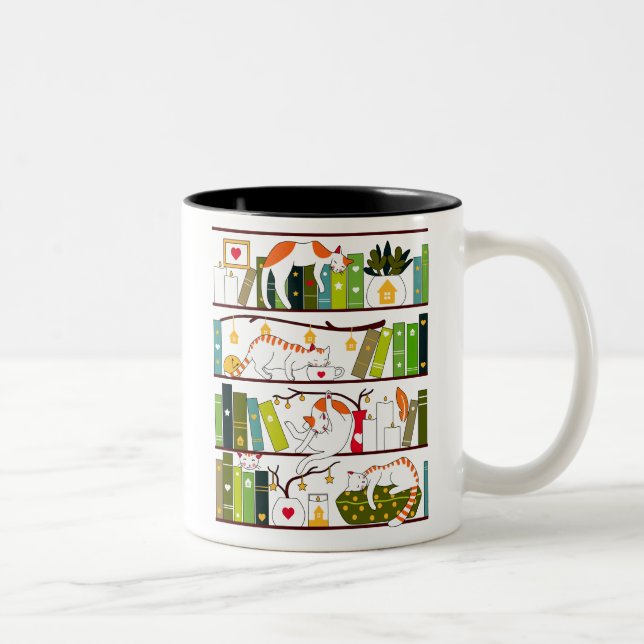 Cats On Bookshelf, Cat And Book Lover Gift Two-Tone Coffee Mug (Right)