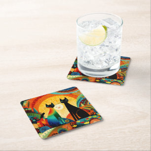 Cats on Bright and Colorful Background, Square Paper Coaster