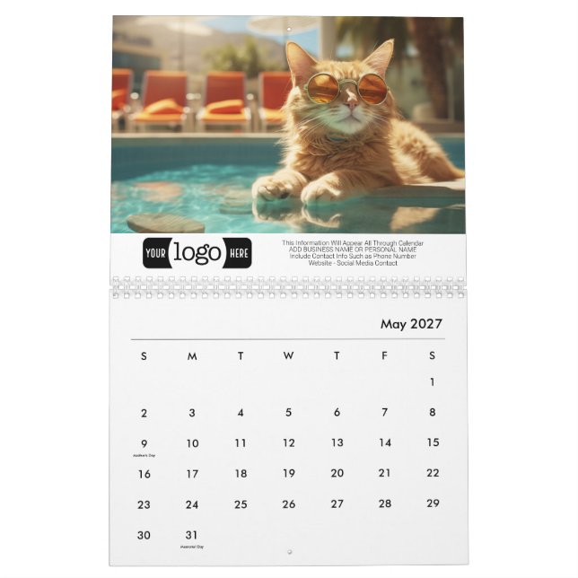 Cats on Vacation - Add Logo For Business Gift Calendar (May 2027)