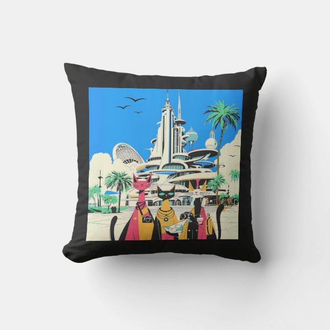 Cats on Vacation Visit the Future Outdoor Pillow (Front)