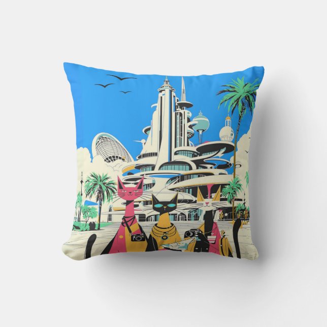 Cats on Vacation Visit the Future Outdoor Pillow (Front)