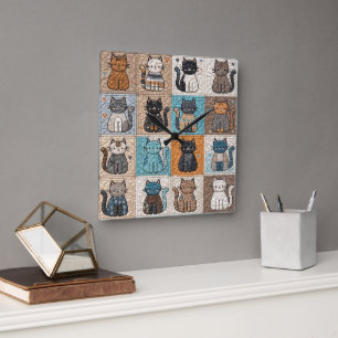 Cats Patchwork Quilt Pattern Square Wall Clock
