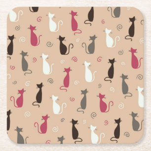 cats Pattern Pink Square Paper Coaster