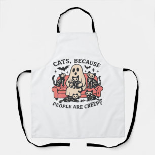 Cats People Are Creepy Skeleton Halloween Tee Over Apron