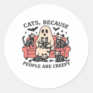 Cats People Are Creepy Skeleton Halloween Tee Over Classic Round Sticker