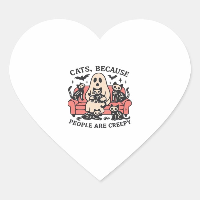 Cats People Are Creepy Skeleton Halloween Tee Over Heart Sticker (Front)