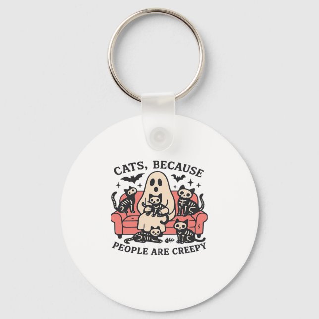 Cats People Are Creepy Skeleton Halloween Tee Over Keychain (Front)