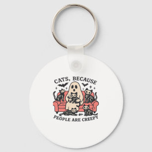 Cats People Are Creepy Skeleton Halloween Tee Over Keychain