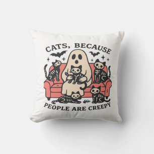 Cats People Are Creepy Skeleton Halloween Tee Over Throw Pillow
