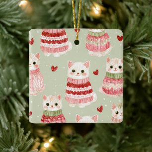 Cats Pink Red Hearts Ceramic Ornament