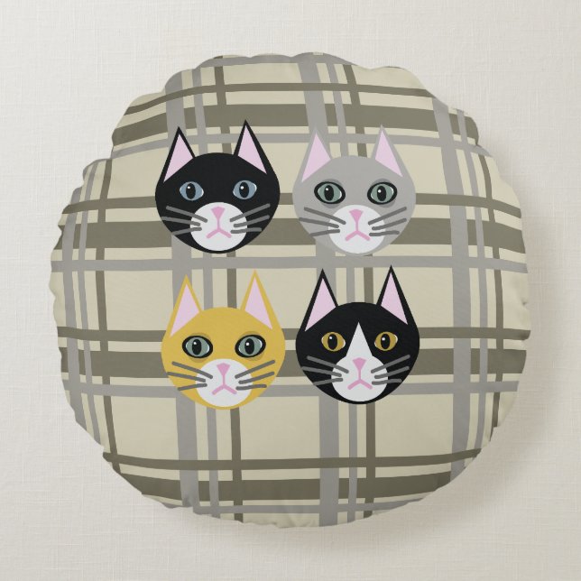 Cats plaid grey/cream round pillow (Front)