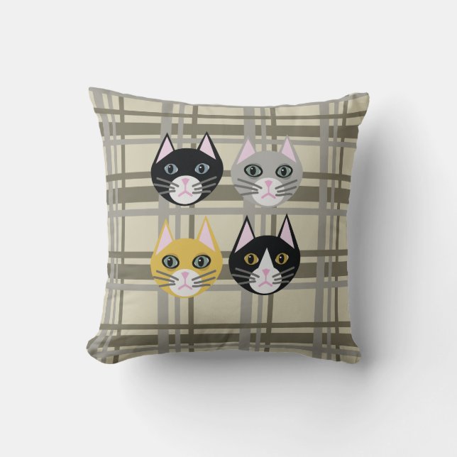 Cats plaid grey/cream throw pillow (Front)