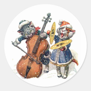 Cats Play the Cello and Cymbals in the Snow Classic Round Sticker