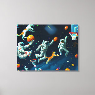 Cats Playing Basketball in Space with Astronauts Canvas Print