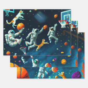 Cats Playing Basketball in Space with Astronauts Wrapping Paper Sheet