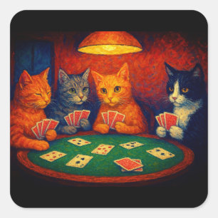 Cats Playing Cards Square Sticker