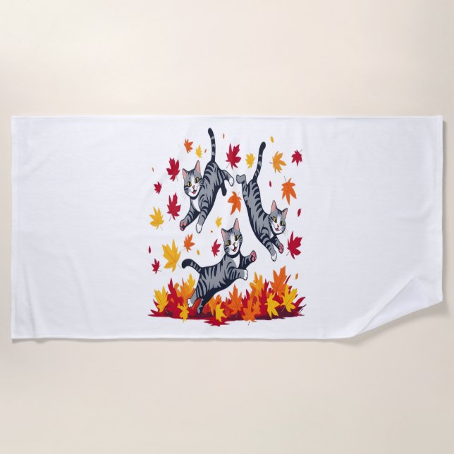 Cats Playing in Autumn Leaves Beach Towel (Front)