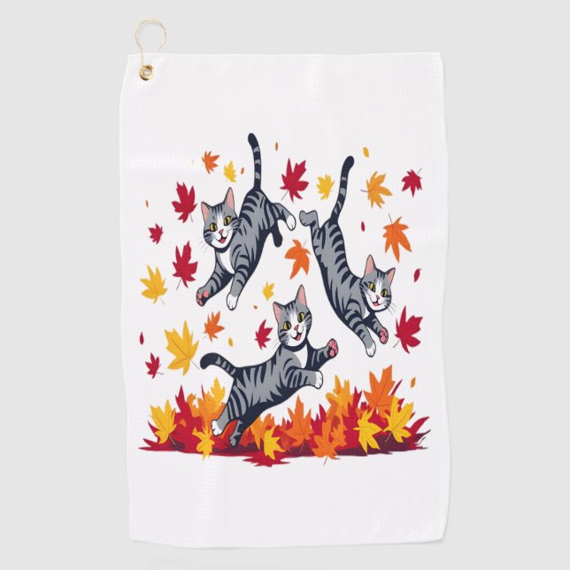 Cats Playing in Autumn Leaves Golf Towel (Front)