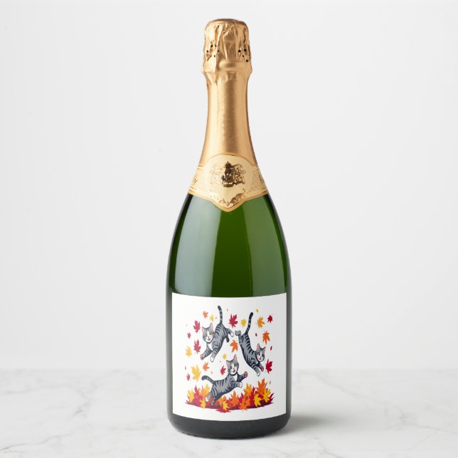 Cats Playing in Autumn Leaves Sparkling Wine Label (Front)