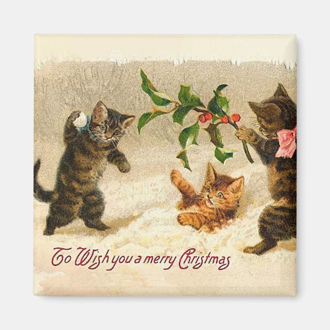 Cats playing in the snow Vintage Christmas Magnet (Front)