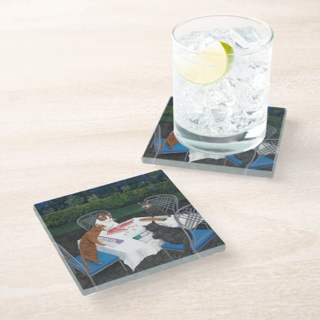 Cats Playing Mahjong Glass Coaster (Angled)