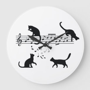 Cats Playing Music Notes Large Clock