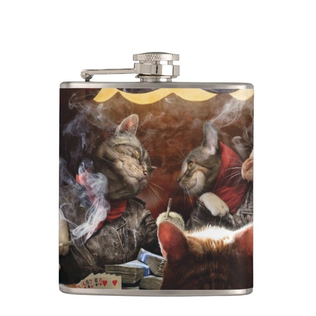 Cats playing poker  hip flask (Front)