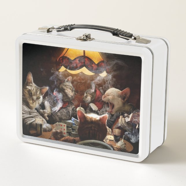 Cats playing poker metal lunch box (Front)