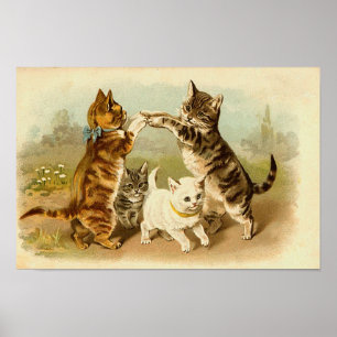 Cats Playing Vintage Illustration Poster