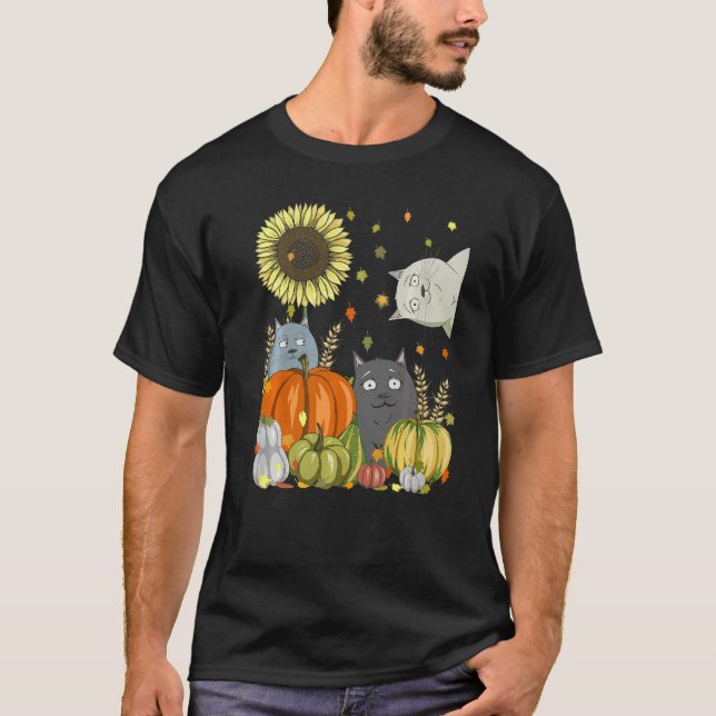 Cats & Pumpkin Sunflower Fall Cat  Thanksgiving T-Shirt (Front)